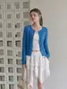 Cardigan Suéter Azul Gola Redonda Feminino 2026 Novo Estilo Jaqueta de Tricô Trançado Outono Estilo Coreano Top Peça de Exterior Pequena
