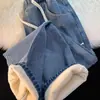 Jeans Feminino Grosso de Perna Reta com Forro de Lã Novo Estilo Outono/Inverno 2025 Petite Perna Larga Algodão Acolchoado Cintura Elástica Calças de Outono e Inverno