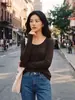 Suéter de tricô 100% lã Yangzi alemão, ponto 18, sem costura, gola redonda elegante slim-fit, top básico de manga longa afina a silhueta