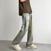 Calça Jeans Masculina Rasgada High Street Design Retrô Americano Perna Reta Primavera Verão Solta Cool Casual Perna Larga Calça Longa