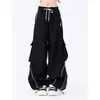 Calça Jogger Preta com Cordão Perna Larga Solta Casual Workwear Bolso com Aba Calça de Moletom Feminina Tendência Primavera Hip-Hop Comprimento Total