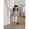 Ropa para Bebé Niña Nuevo Chaleco de Verano Cuadros Tirantes Camisa de Muñeca Pantalones Tres Cuartos Conjunto de Tres Piezas Atuendo para Bebé Niña