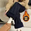 Jeans de pierna ancha estrecha color azul denim para mujer, forrados de felpa, nuevo estilo otoño/invierno 2026, cintura alta, no se decoloran, pantalones rectos fluidos