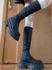 Botas de Diseño Hasta la Rodilla con Suela Gruesa que Aumentan la Altura, Elásticas, Ajustadas y Plisadas, Botas de Montura de Moda para Mujer Otoño e Invierno