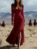 Vestido Europeu e Americano da Amazon Transfronteiriço Novo Retrô Estilo Ocidental Botão Plissado Manga Longa Sexy Vestido Longo