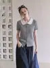 Top retro de color bloqueado estilo francés con cuello de muñeca y manga corta para mujer, cárdigan de punto gris elegante y sofisticado inspirado en Chanel para verano
