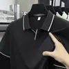 Camiseta de manga corta para hombre de seda helada con cuello marinero, nueva de verano, tacto fresco, casual de negocios, transpirable, color liso, polo de media manga