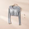 Camiseta de manga larga con escote en V, acolchado de pecho de cinta real de brocado liso, para mujer, ombligo expuesto, prenda exterior, hilo, ajustada, prenda interior de una pieza