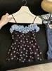 Camisola de Encaje Patchwork de Lunares Estilo Dulce Femenino para Mujer, Moda de Verano, Top Holgado y Juvenil, Elegante