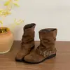 Botines vaqueros plisados para mujer 2026, botines con hebilla de cinturón retro apilada, tacón grueso estilo western, nueva colección de otoño