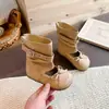 Botas de Couro Infantis Estilo Cowboy Ocidental 2026 Primavera/Outono Botas com Dobra Estilo Coreano Botas de Ballet Bico Redondo Fivela Sandálias da Moda