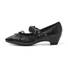 Sapatos Mary Jane Franceses Bushenghua 2026 Outono Salto Médio Grosso Laço Couro Genuíno Florais Sapatos Femininos