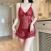 Rosa Lencería Sexy Escote en V Profundo Push-Up Caliente Corte Bajo Dulce Deseo Puro Encaje de Malla Transparente Set Camisón 14412