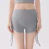 Shorts de Yoga com Cordão Cintura Alta Levanta Bumbum Ajustável Anti-Exposição Respirável Emagrecimento Pilates Shorts de Treino Mulher