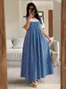 Vestido Largo de Tirantes de Verano Nuevo Transfronterizo Tallas Grandes con Tirantes de Hombro de Lazo Estilo Europeo y Americano, Corte Holgado, Cubre Vientre, con Bolsillos, y Vestido sin Tirantes