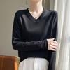 24 camisetas de primavera y verano nuevas con cuello en V para mujer, 100% algodón mercerizado, de manga larga, estilo informal para uso diario, de color sólido.