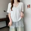 Tamanho Plus Verão Novo Estiloso Versão Coreana Versátil Tendência Design de Cordão Único Patchwork de Renda Solto Casual Top