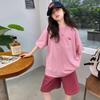 Traje Casual Solto de Desenho Animado Fofo de Verão 2025 para Crianças Meninas Rosa Manga Curta Shorts Conjunto de Duas Peças