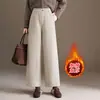 Calça reta elegante de mistura de lã para mulheres, nova coleção outono/inverno 2026, cintura alta, forrada com fleece, calça de perna larga estilosa e casual para mães