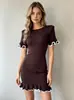 Falda Corta Estilo Nuevo Europeo y Americano con Volantes, Mangas Cortas, Bordes Enrollados, Vestido de Punto Ajustado, Color Sólido Estilo Francés Ropa para Mujer, Ropa de Verano para Mujer