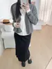 ES Cárdigan de Lana Falsa de Dos Piezas, Nuevo Otoño 2026, Cuello en V con Adorno de Encaje y Botones de Pedrería, Abrigo Corto de Punto para Mujer