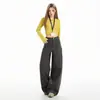 Jeans de Algodón Holgados de Pierna Ancha Estilo Retro Americano High Street Versátiles Estilo Callejero Pantalones Grises Largos hasta el Suelo Yichun