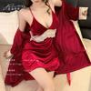 Pijama Sexy de Veludo Dourado Outono e Inverno Novo com Bojo Alça Fina Conjunto de Camisola Camisola Renda Duas Peças Roupa de Casa
