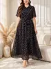 Vestido Longo Feminino de Verão Novo Transfronteiriço com Lapela Floral de Manga Curta Cinto na Cintura Estilo Evasê