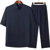 Traje Tang de Manga Corta para Hombres de Mediana Edad y Mayores de Algodón y Lino Verano Abuelo Delgado Traje de Dos Piezas Papá Verano Manga Media Hombres