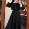 Vestido de Manga Larga Estilo Hepburn Francés Talla Grande Falso Dos Piezas Cuello Polo para Mujer Otoño Sentido de Alta Gama Cintura Ceñida Vestido Largo de Línea A