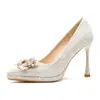 Sapatos de Noivado Franceses Femininos Fivela Quadrada com Strass Salto Alto Principal para Casamento Noiva Plataforma Impermeável Boca Rasa Salto Agulha Pés Não Cansam