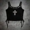 Estilo Punk Camiseta sin Mangas Corta de Cruz Remaches Tirantes Anchos Lazos Dobles Laterales Cintura Ceñida Corta Chaleco Dark Hot Girl para Mujer
