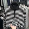 Camiseta de manga larga para hombre, estilo nuevo de otoño, para mediana edad, casual, versátil, a rayas, amigable con la piel, con cuello, polo, prenda base