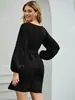 Toma real de vestido nuevo de color liso con cuello redondo, mangas tipo linterna, manga larga, línea A, primavera y otoño 2026, transfronterizo