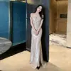 Vestido Longo Azul de Um Ombro Só Brilhante Cintura Alta Fenda Estilo Sereia para Anfitriã Festa de Banquete Slim-Fit Roupa Feminina