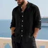 Camisa Henley de Lino Transpirable Holgada Otoñal Europea y Americana para Vacaciones Casual de Hombre con Botones Estilo Americano Cuello Alto Manga Larga