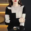 Suéter Pulôver Tricotado 100% Lã Gola Redonda Estilo Coreano Cor Sólida Blocos de Cor Intársia Slim-fit Slim-fit para o Trabalho Outono Novo