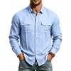 Ropa de trabajo de lino para hombre de manga larga, para primavera y otoño, con doble bolsillo, cuello camisero, cárdigan de botones, estilo masculino transpirable y casual