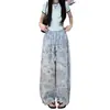Pantalones Casuales de Pierna Recta con Estampado Retro Nuevo de Verano para Mujer, Pantalones de Pierna Ancha Elásticos de Cintura Alta Adelgazantes de Tencel Lyocell
