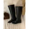 Primer Encuentro Ji Botas Largas Retro Botas Altas Botas de Monta para Mujer Nuevo Punta Redonda Suela Plana Botas Negras Versátiles Botas Largas