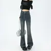 Jeans Lavado Ceniza de Cemento para Mujer Otoño e Invierno 2024 Nuevo Estilo Americano Cintura Alta Pequeña Ajuste Delgado Ajustado Pantalones de Boca de Campana