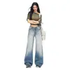 Jeans Americano Retro Lavado Flare com Design Bigode e Comprimento no Chão para Mulheres, Super Bem Proporcionado, Apresentando Padrão Yichun