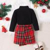 Ins Comércio Exterior Outono e Inverno Conjunto Infantil Gola Alta Listrada Saia Xadrez Natal Ano Novo Conjunto de Duas Peças