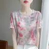 26 Verão Novo Estilo Coreano Lyocell Gola Redonda Malha Manga Curta Camiseta com Estampa de Borboleta Versátil Top Feminino