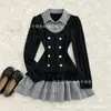 Vestido a cuadros de imitación de dos piezas con cuello para mujer, vintage de doble botonadura, entallado en la cintura, de manga larga, minifalda en capas de cuadros patchwork, puro y seductor