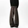 Calça Cropped Xadrez Marrom Escuro Estilo Retrô Americano para Homens, Estilotight top loose bottom, Calça Longa Casual com Caimento