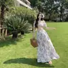 Vestido de praia puro e sedutor, floral, sexy e deslumbrante para férias à beira-mar, vestido longo de duas peças sem alças e ombros à mostra, maiô de três peças