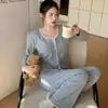 Pijama con Almohadilla en el Pecho para Mujer Primavera y Otoño 6535 Algodón Manga Larga Pantalones Estilo Coreano Sencillo Casual Ropa de Casa conjunto para Usar como Exterior