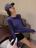 Camiseta Elástica Manga Longa Slim Fit para Mulheres, Camada Interna Justa, Top Azul Escuro, Camiseta Base Fina Azul Mar Profundo