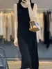 Vestido Feminino Slim de Lã Fina, Gola Redonda, Cor Sólida, Cordão, Sem Mangas, Comprimento no Joelho, Elegante para o Trabalho